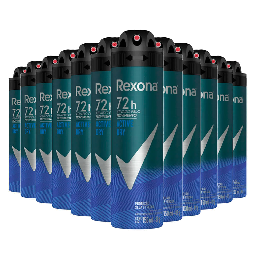 Kit Desodorante Aerosol Rexona Masculino Active Dry/azul 150ml - 12 Unidades