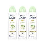 Kit Com 3 Desodorantes Antitranspirantes Aerosol Dove Go Fresh Pepino E Chá Verde 150ml