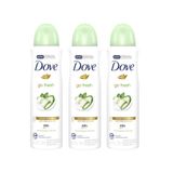 Kit Com 3 Desodorantes Antitranspirantes Aerosol Dove Go Fresh Pepino E Chá Verde 150ml