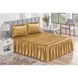 Colcha Casal Cobre Leito Requinte Dourado Bordado 3pçs Cama Box