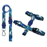 Kit Guia Premium + Peitoral H Dog Trip Brasil Quadriculada Azul Para Cães - Tam. Pp