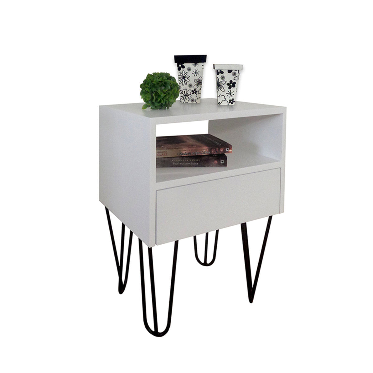 Mesa de Cabeceira Lateral Nicho com Gaveteiro Pés Hairpin Legs Estilo Industrial Off White Laca