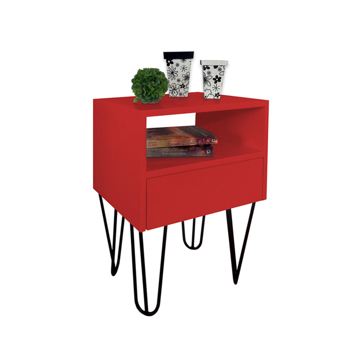 Mesa de Cabeceira Lateral Nicho com Gaveteiro Pés Hairpin Legs Estilo Industrial Vermelho Laca