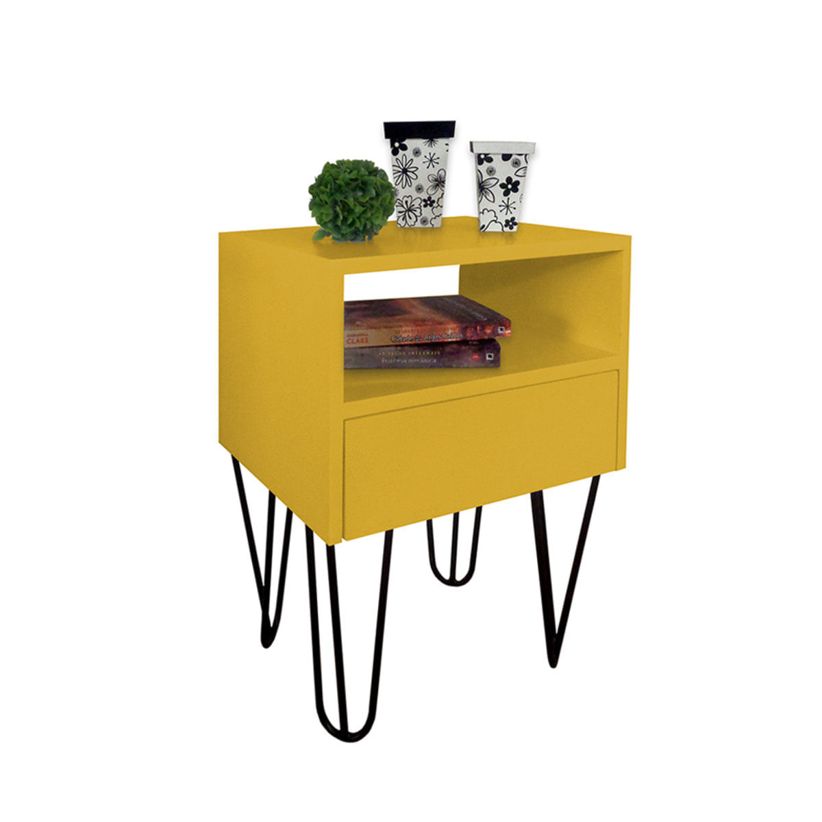 Mesa de Cabeceira Lateral Nicho com Gaveteiro Pés Hairpin Legs Estilo Industrial Amarelo Laca