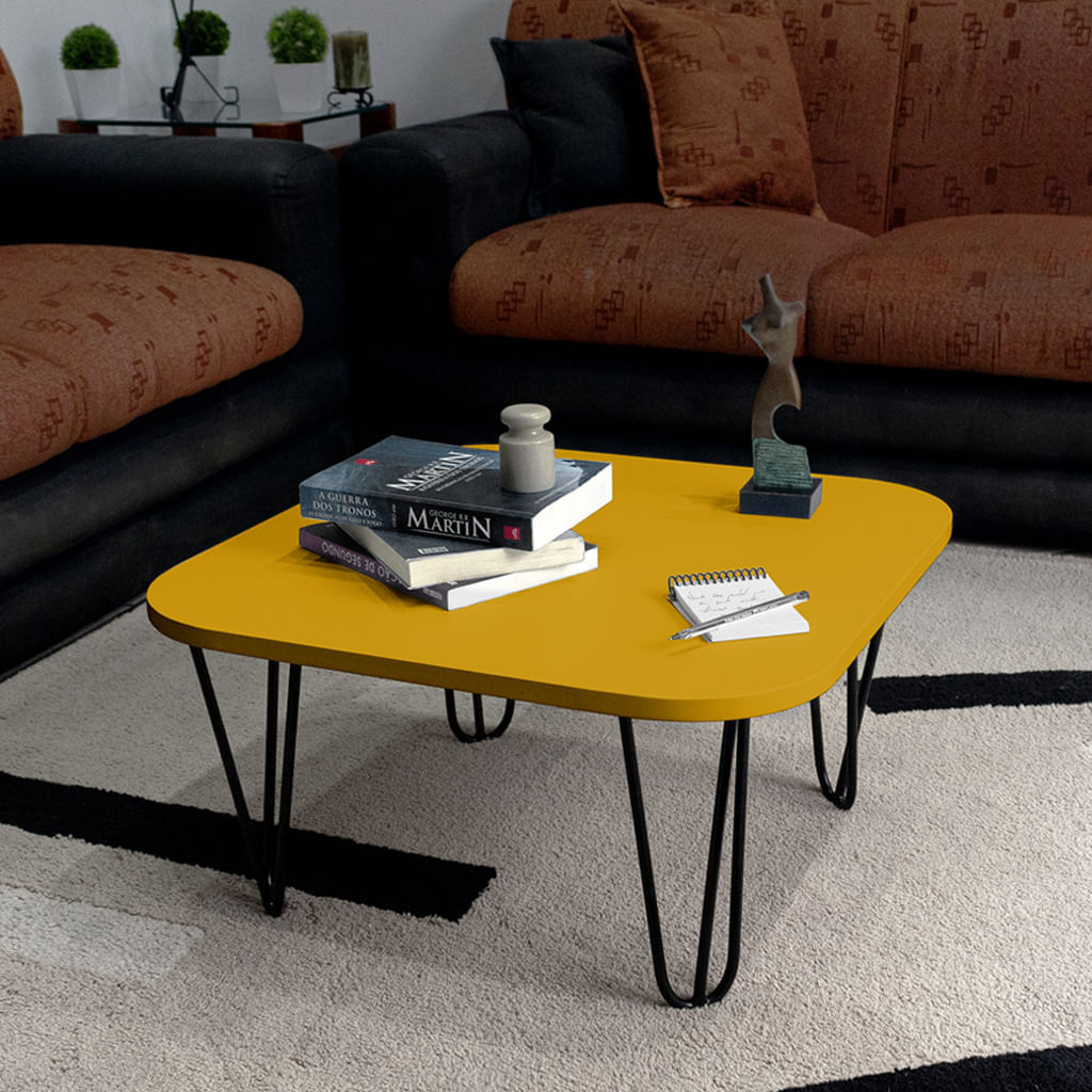 Mesa De Centro Pés Hairpin Legs Lateral De Apoio Para Sala Estar Dormitório Amarelo Laca