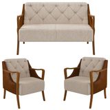 Kit Namoradeira 135cm E 2 Poltronas Decorativas Capitonê Lapa M22 Pu Camel/linho Cru - Mpozenato
