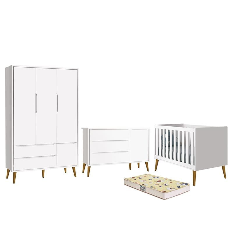Dormitório Infantil Theo Retrô 3 Portas, Cômoda 1 Porta, Berço Branco Fosco Com Pés Amadeirado E Colchão D18 - Reller Móveis
