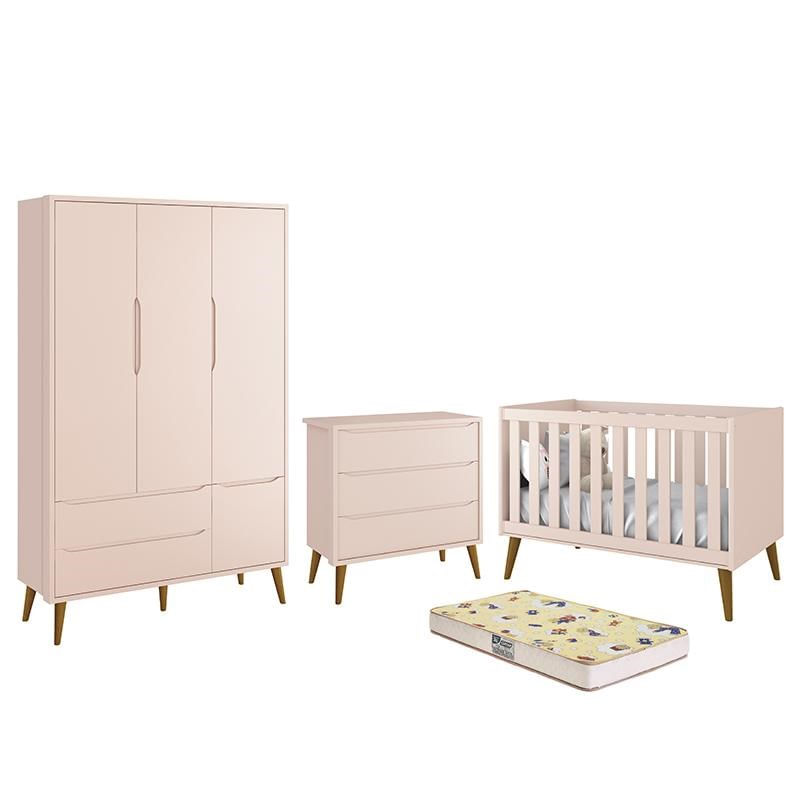 Dormitório Infantil Theo Retrô 3 Portas, Cômoda, Berço Rosa Fosco Com Pés Amadeirado E Colchão D18 -