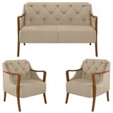 Kit Namoradeira 135cm E 2 Poltronas Decorativas Capitonê Lapa M22 Pu Bege - Mpozenato