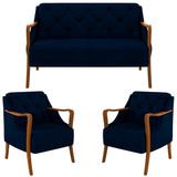 Kit Namoradeira 135cm E 2 Poltronas Decorativas Capitonê Lapa M22 Veludo Azul Marinho - Mpozenato