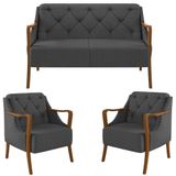 Kit Namoradeira 135cm E 2 Poltronas Decorativas Capitonê Lapa M22 Linho Cinza Escuro - Mpozenato