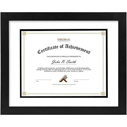 Golden State Art, 11x14 Diploma Frame Wood Frame For 8.5x11 Document &amp; Certificates, Real Glass (preto Com Branco Sobre Tapete Duplo Preto,