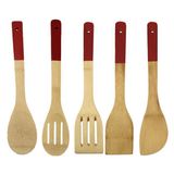 Kit Colheres De Madeira Bambu Cozinha 5 Peças Vermelho