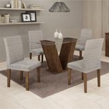 Conjunto Sala De Jantar Mesa Classic Chocolate Com Linho Cinza 90 Tampo De Vidro E 4 Cadeiras Classic Cel Moveis