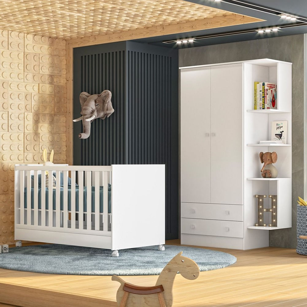 Kit Berço Mini Cama Taís E Guarda Roupa Infantil 2 Portas E 2 Gavetas Com Nicho Brilhar Q01 Branco - Amarena Móveis