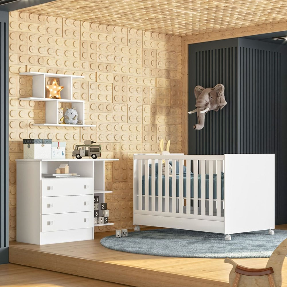 Kit Berço Mini Cama Taís E Cômoda Infantil 3 Gavetas Com Nicho Brilhar Q01 Branco - Amarena Móveis