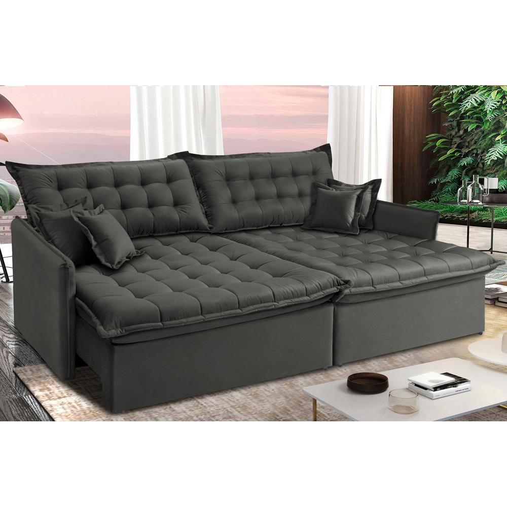 Sofá Sem Caixa Retrátil Reclinável 2,35m Cama Inbox Versátil Com Pillow Top E Molas Velusoft Cinza