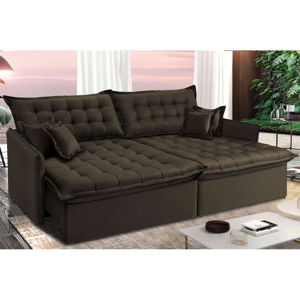 Sofá Sem Caixa Retrátil Reclinável 2,35m Cama Inbox Versátil Com Pillow Top E Molas Velusoft Café