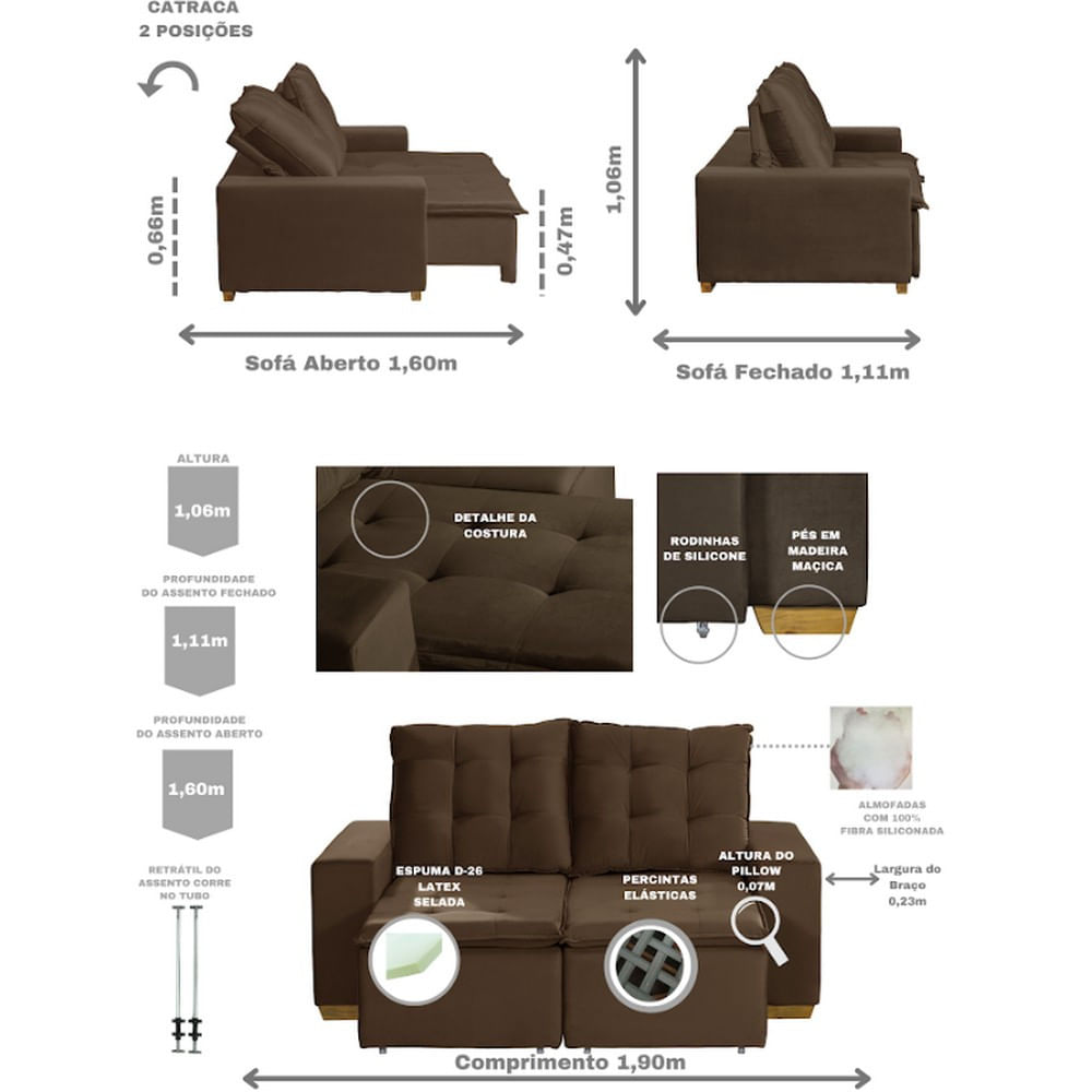 Sofá Goiás Modular 3 Lugares 1.90 Mt Com Molas Bonnel Retrátil E