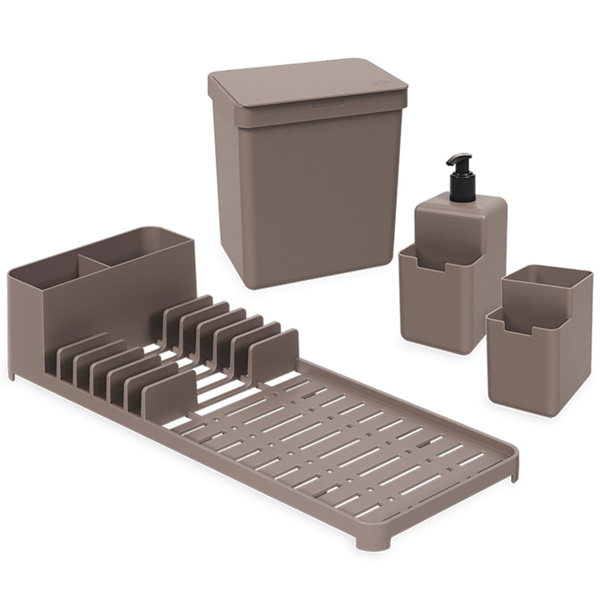 Kit 4 Organizadores De Pia Cozinha Coza Lixeira Escorredor Dispenser E Porta Talheres Warm Gray