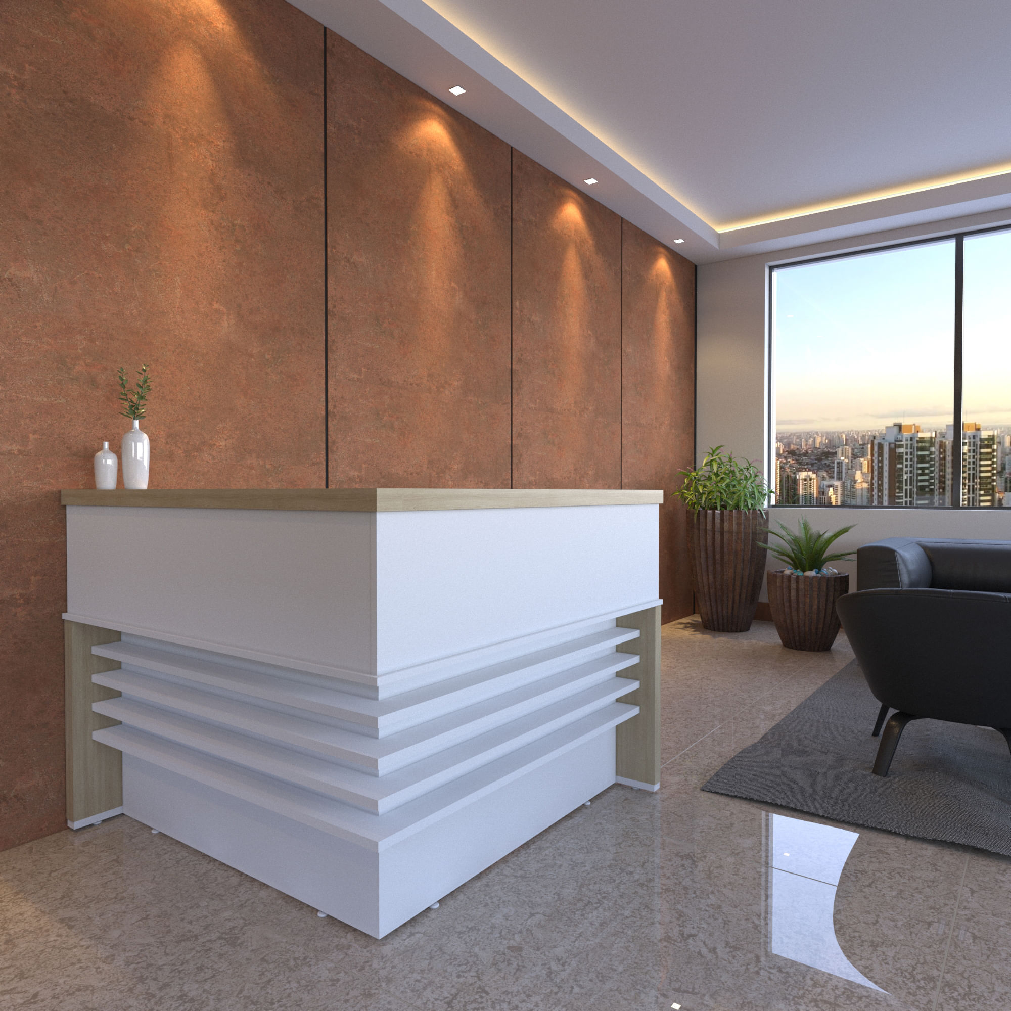 Balcão Artany Tamburato De Atendimento Em L Cor Carvalho Com Branco