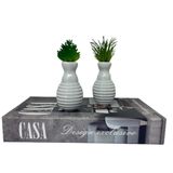 Kit Decoração Livro Casa + 2 Mini Vasos Cinza De Cerâmica