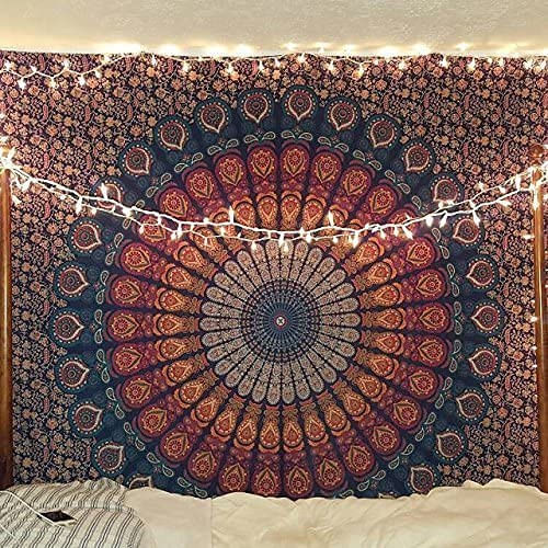 Hippie Indiano Hippie Boêmio Psicodélico Golden Blue Pavão Mandala Parede Pendurado Tapeçaria De Cama (azul Dourado, Gêmeo (54x72inches