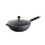 Panela Wok Ferro Fundido Tampa Vidro Preta 28cm